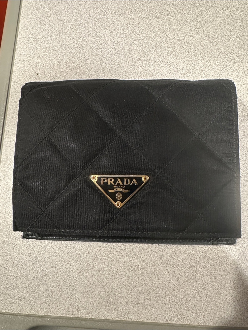 Prada Black Quilted Nylon Wallet with Gold Triangle Logo